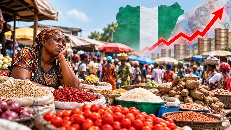 Nigerian shopper buying food staples at a market amid rising food prices and household budget pressures