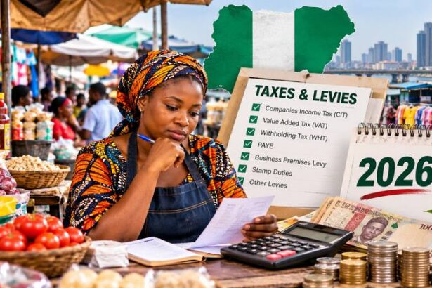 Nigerian small business owner reviewing financial records and calculating business taxes in 2026