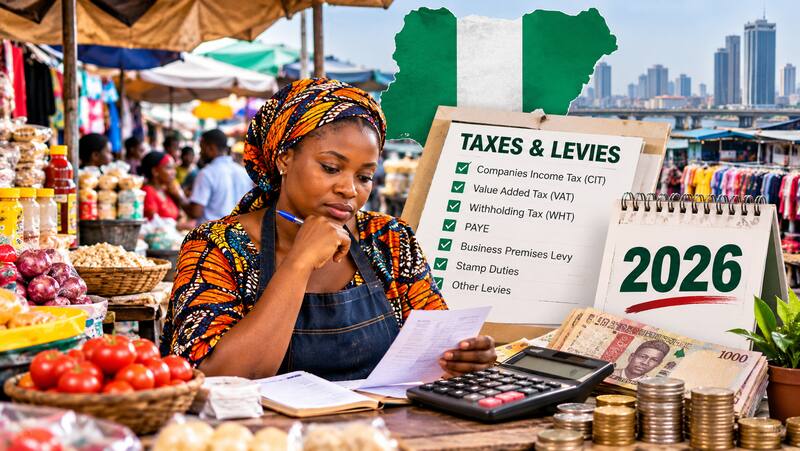 Nigerian small business owner reviewing financial records and calculating business taxes in 2026