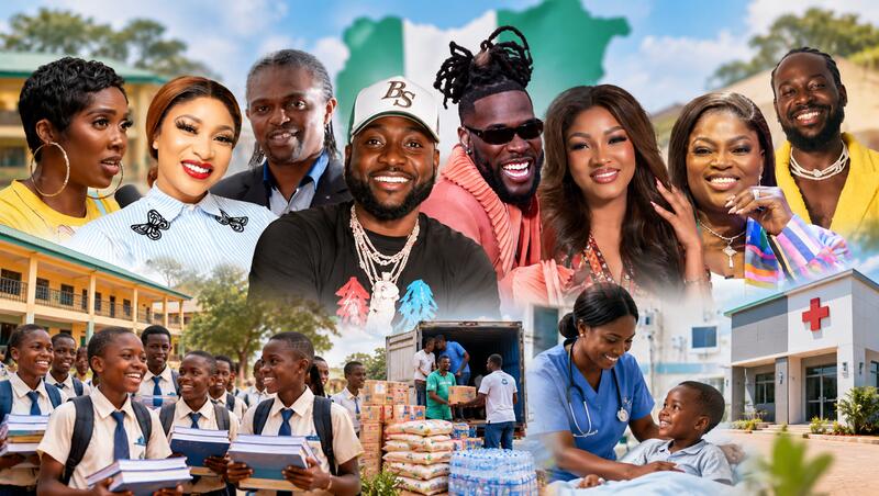 Nigerian entertainers Davido, Burna Boy, Tiwa Savage and Tonto Dikeh featured in a report on celebrity donations, scholarships and community projects