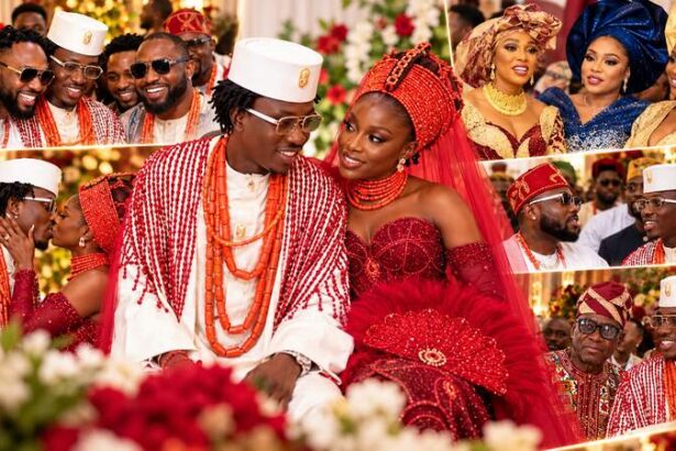 Zlatan Ibile and Davita Lamai in traditional wedding outfits at their Lagos ceremony.