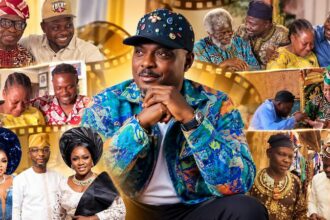 Kunle Afod and veteran actor Lere Paimo in a moment celebrating their connection in Yoruba Nollywood