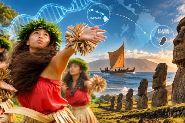Traditional Polynesian voyaging canoe representing the ancestral ocean journeys explored in a DNA study of Native Hawaiians and Rapa Nui people