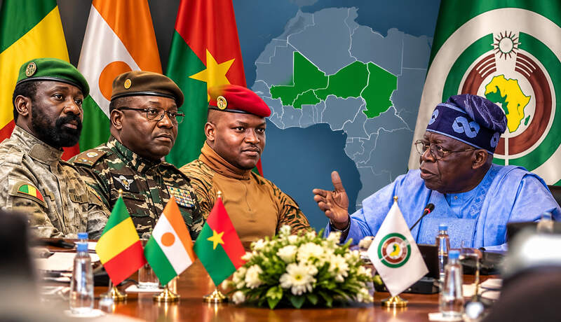 ECOWAS and Alliance of Sahel States flags or representatives illustrating renewed cooperation talks