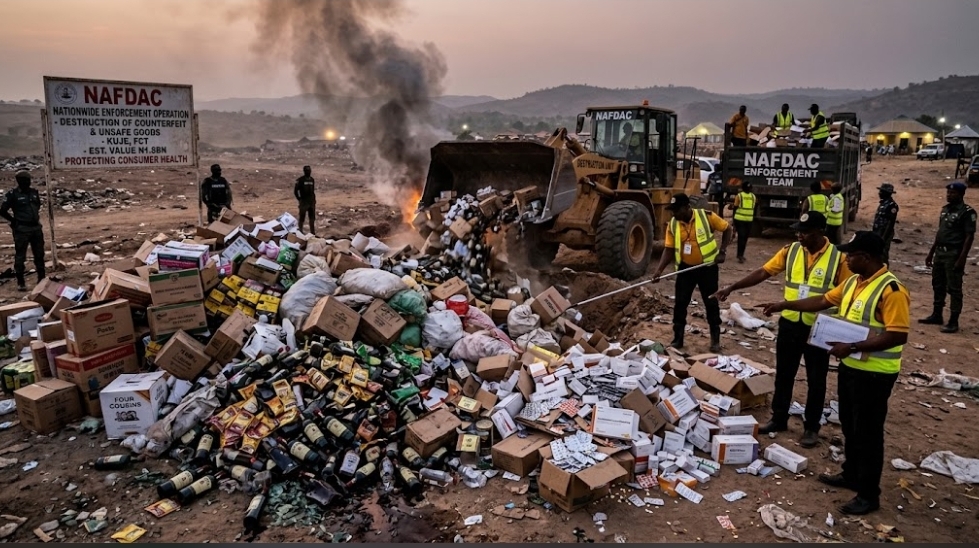 NAFDAC enforcement officers inspecting seized products during a product safety operation in Nigeria