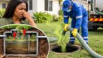 Technician inspecting a residential septic tank to identify the cause of unpleasant odours.
