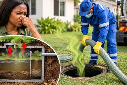 Technician inspecting a residential septic tank to identify the cause of unpleasant odours.