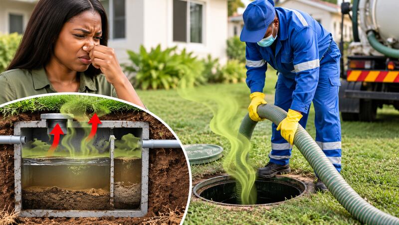 Technician inspecting a residential septic tank to identify the cause of unpleasant odours.