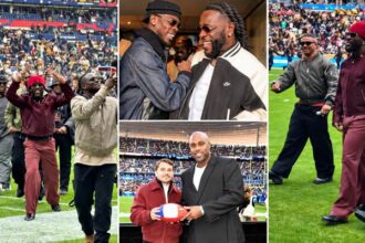 Burna Boy performing at the NFL Paris Game halftime show at Stade de France in October 2026.
