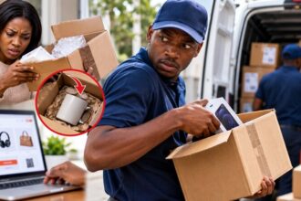 Delivery handler holding a parcel during an e-commerce delivery