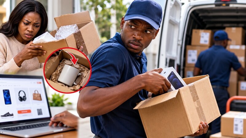 Delivery handler holding a parcel during an e-commerce delivery