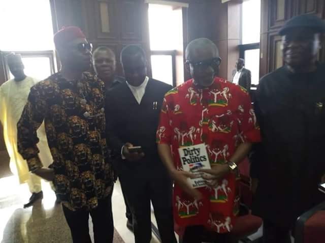 Senator Enyinnaya Abaribe appears in court holding a book called ?Dirty politics? 