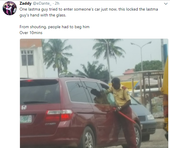 LASTMA officer begs for mercy after his hand gets trapped when a driver wound up as he tried to forcefully enter the car