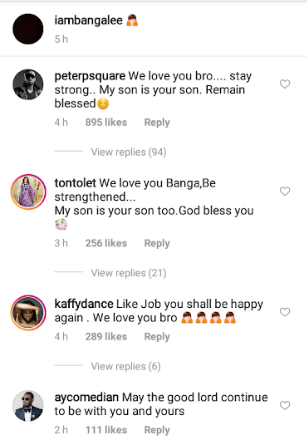 "My son is your son" Peter Okoye and Tonto Dikeh tell Dbanj as they console him for the loss of his son and social media users call them out for being "insensitive"