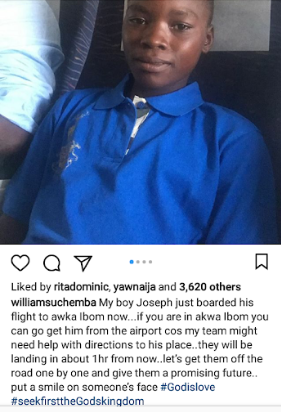 William Uchemba cleans the viral plantain boy up and puts him on a flight to Akwa Ibom (photos)