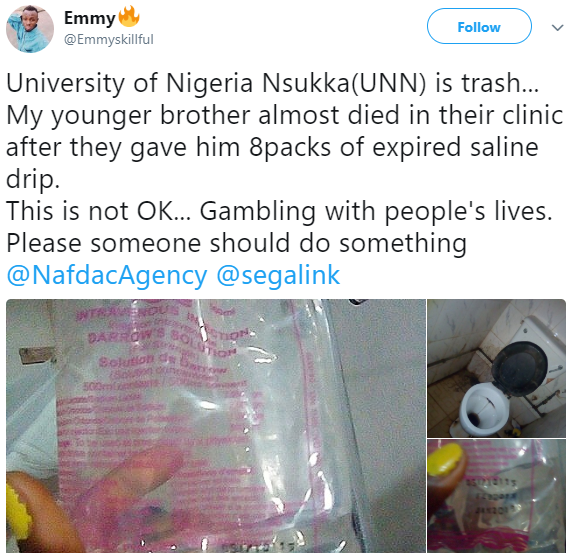 Young man almost killed after allegedly being injected with expired drip at the University of Nigeria Nsukka clinic(photos)