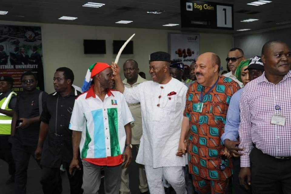 Photos: Godswill Akpabio arrives Uyo ahead of defection to APC tomorrow