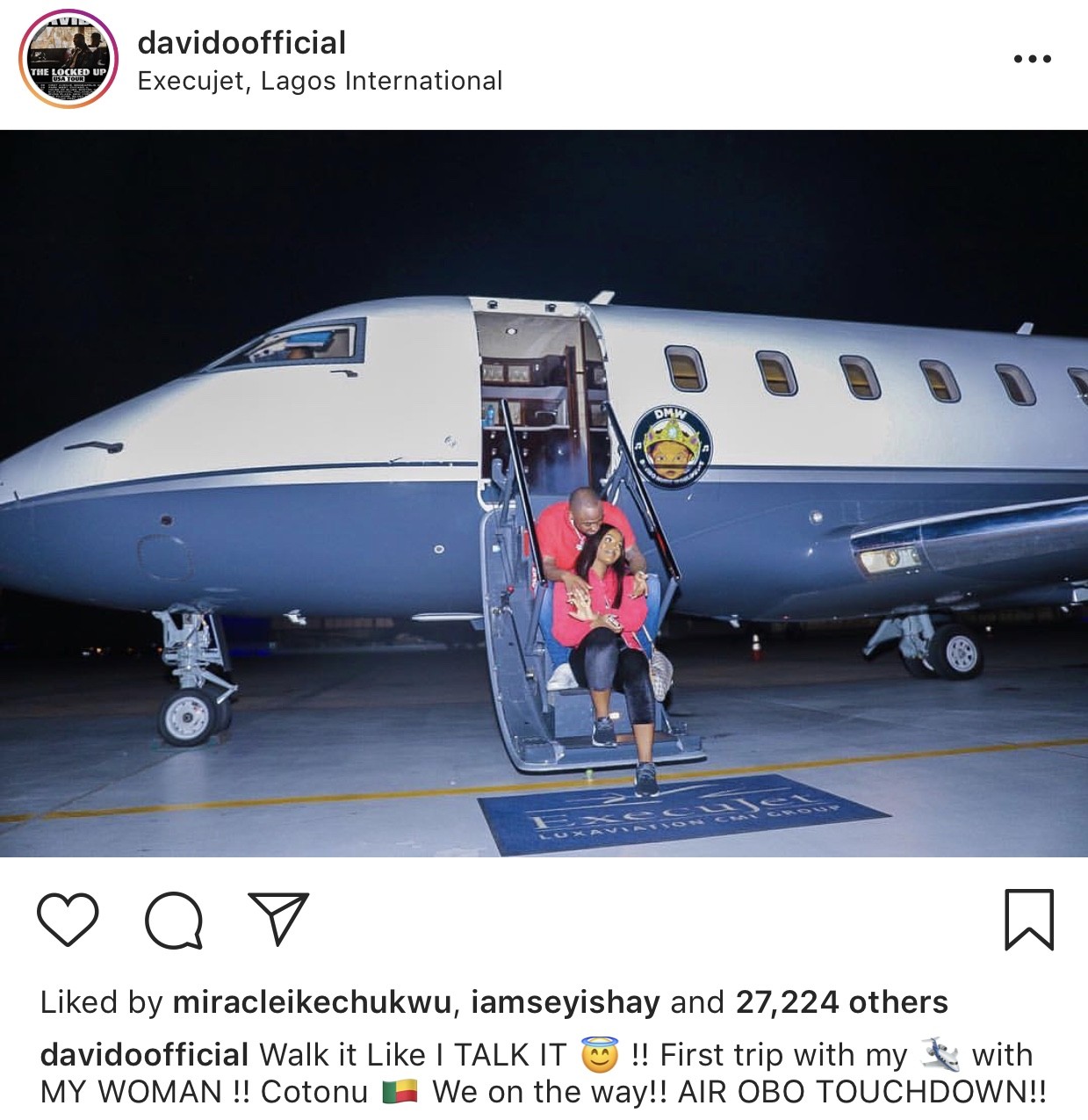 Davido & his boo Chioma pose on the airstairs of his new private jet (photo)
