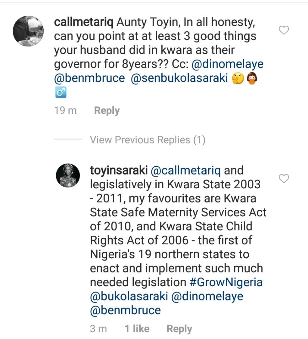 Toyin Saraki replies IG user who asked her to name three good things her husband did during his 8-year tenure as governor of Kwara state 