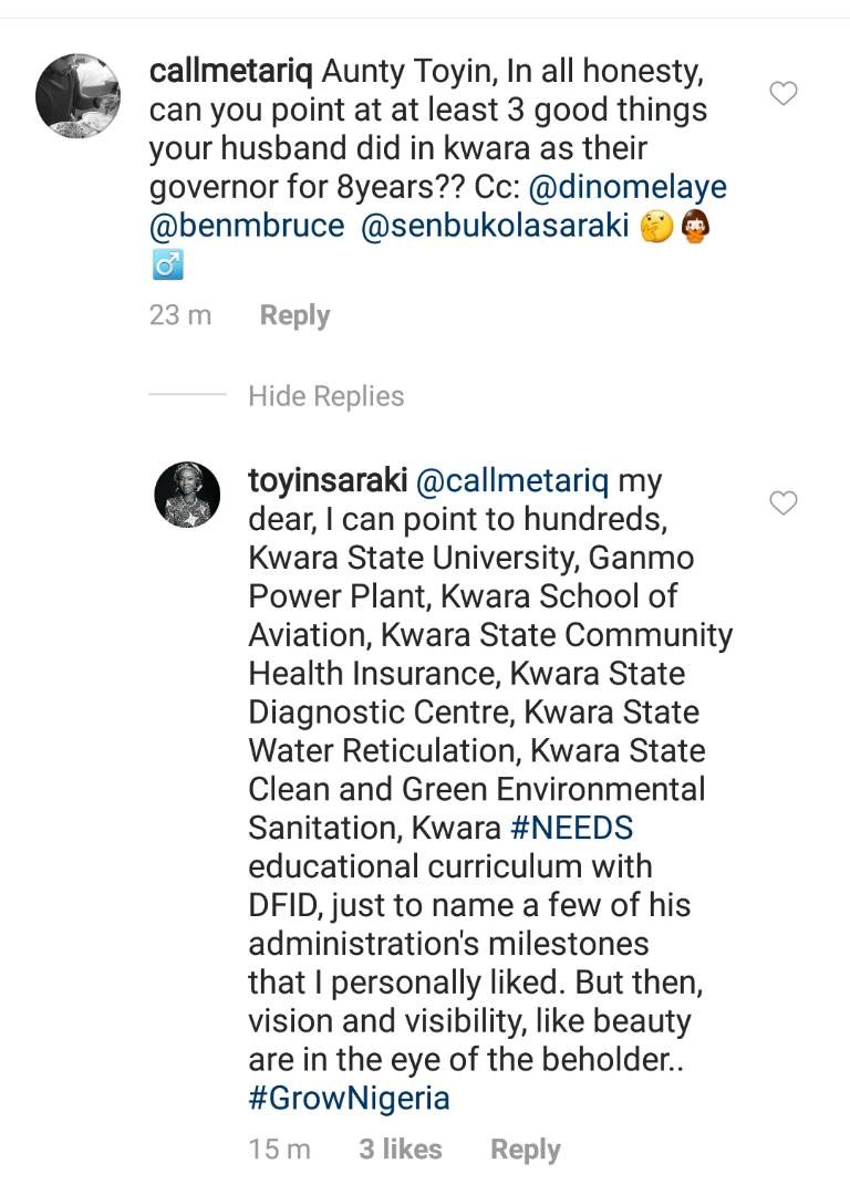 Toyin Saraki replies IG user who asked her to name three good things her husband did during his 8-year tenure as governor of Kwara state 