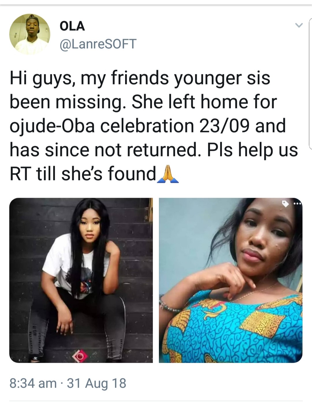 Photos: Young lady who left home for Ojude-Oba festival in Ogun state since August 23rd declared missing 