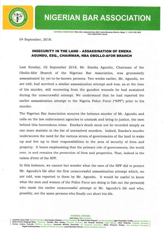 Photos: Gunmen assassinate Chairman of Nigerian Bar Association NBA, Enugu a month after he was shot in the head