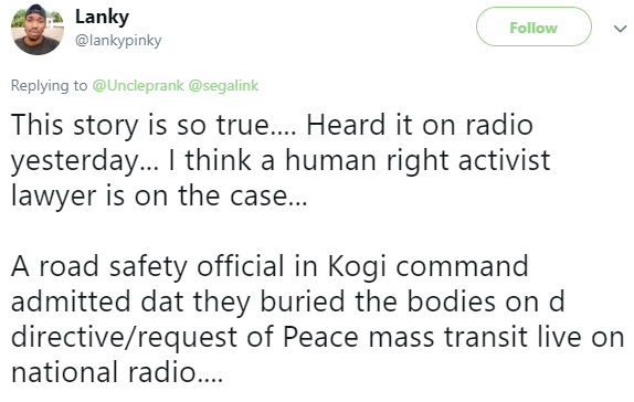 Nigerians accuse management of Peace Mass Transit and FRSC of allegedly burying passengers involved in a fatal accident without the consent of their families