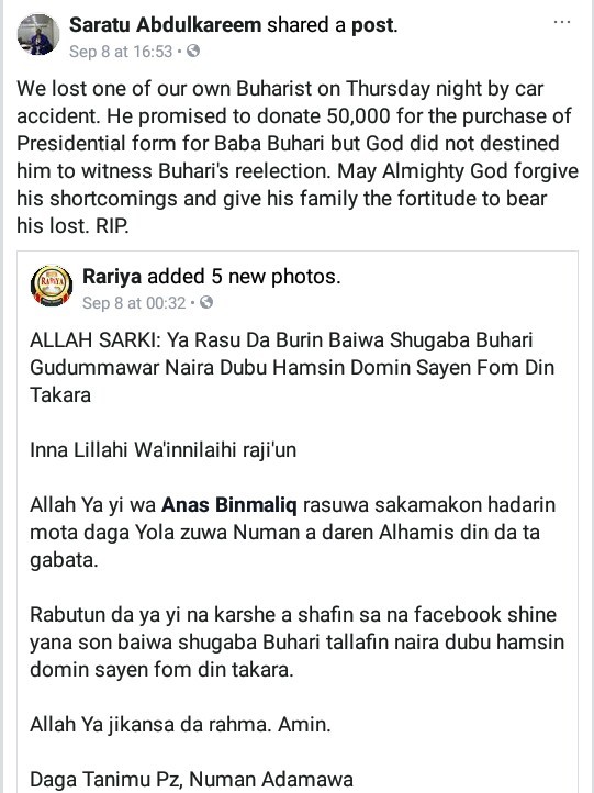 Young man killed in auto crash two days after he promised to donate N50,000 for purchase of President Buhari