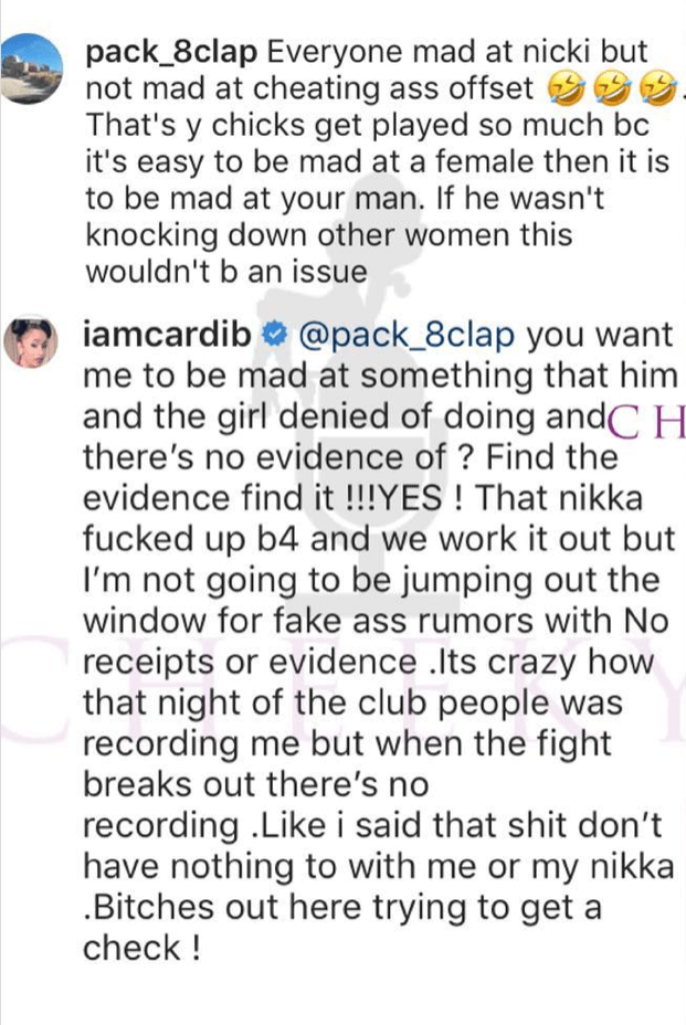 Cardi B defends her man Offset, says he no longer cheats after he was accused of cheating on her with a stripper