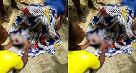 PHOTO: Passers-by help woman deliver baby successfully at a roadside in Bayelsa