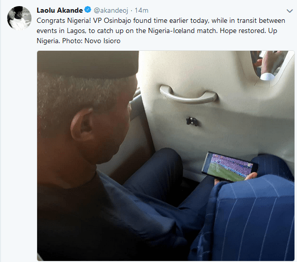 See How Vice President Osinbajo Watched Nigeria’s Match Despite Busy Schedule.